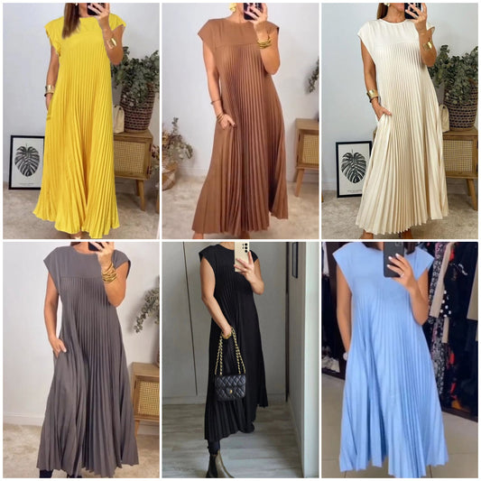 【M-3XL】Αμάνικο πλισέ απλό μονόχρωμο φόρεμα