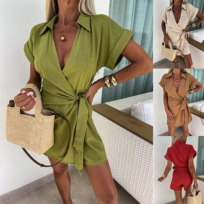 🔥【S-2XL】💕Φόρεμα λινό με V-λεκέ | Ελαφρύ και αναπνέον | Κομψό στυλ