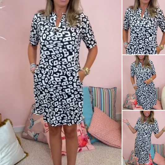💕Μεγάλη Έκπτωση 50%！👗Γυναικών V-λαιμός κοντό μανίκι τυπωμένο Casual φόρεμα