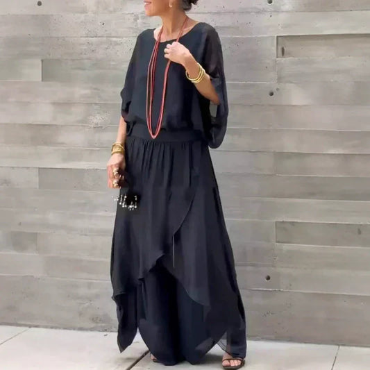 💖💖【S-4XL】Διπλό σετ με χαλαρή σιφόν μπλούζα και παντελόνι με φαρδιά πόδια