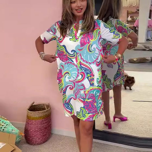 2025🌸Γυναίκες πολύχρωμο τυπωμένο φόρεμα V-Neck💐