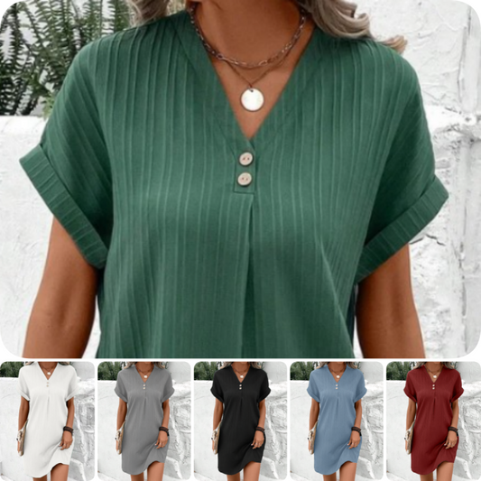🌷 Γυναικείο κοντομάνικο φόρεμα V-Neck σε μονόχρωμο χρώμα