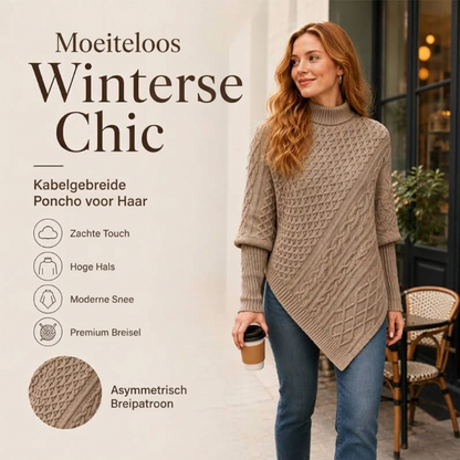 Asymmetrische Kabelgebreide Poncho-Trui met Col
