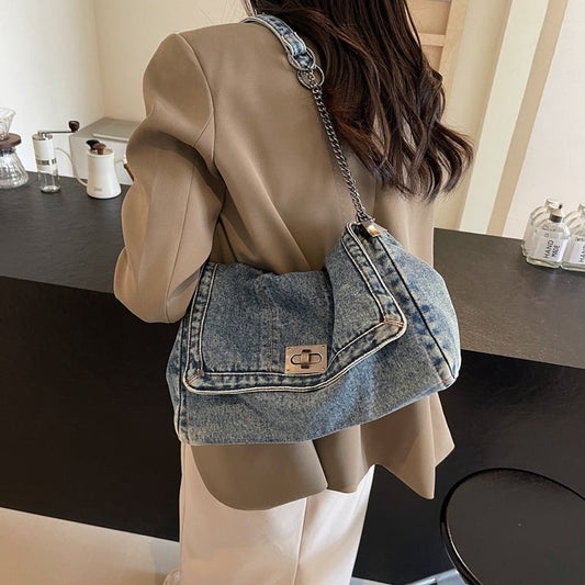 Vintage Denim Schoudertas met Kettingriem en Draaisluiting