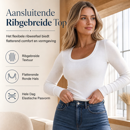 Aansluitende geribde top met ronde hals